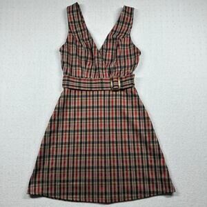 B Darlin Juniors Plaid Belted V-Neck Jumper Dress Size 3/4 Red Black